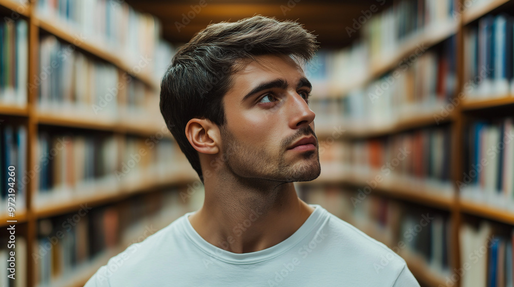 Man searching for a book in a bookstore, flipping through pages, shelves filled with romantic novels, looking for the perfect present Man searching for a book in a bookstore, flipping through pages, shelves filled with romantic novels, looking for the perfect present