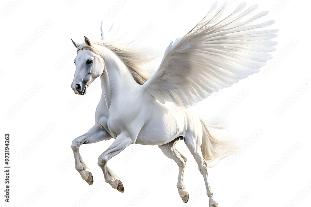 Realistic Illustration of white pegasus horse, phantasy animal isolated on white background Realistic Illustration of white pegasus horse, phantasy animal isolated on white background