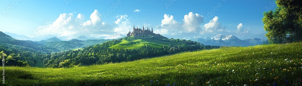 Naklejka premium A serene landscape featuring rolling hills, lush greenery, and a majestic castle under a bright blue sky, perfect for fantasy themes.