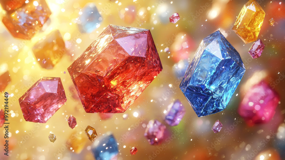 Colorful gemstones sparkle against a golden backdrop. Colorful gemstones sparkle against a golden backdrop.