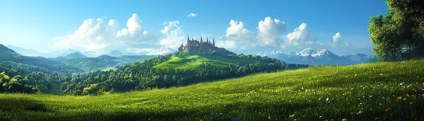 Acrylglasbilder Blau A serene landscape featuring rolling hills, lush greenery, and a majestic castle under a bright blue sky, perfect for fantasy themes.  © narak0rn
