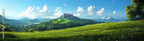 A serene landscape featuring rolling hills, lush greenery, and a majestic castle under a bright blue sky, perfect for fantasy themes. photo