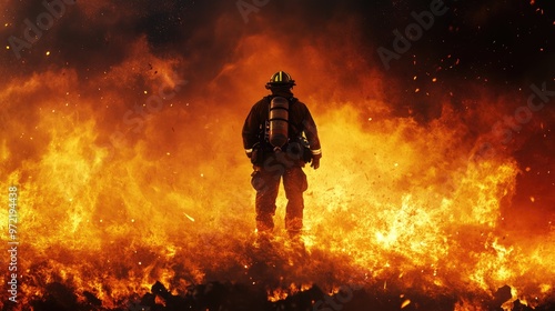 A firefighter in full gear stands in front of a wall of fire, facing the inferno with courage and determination.