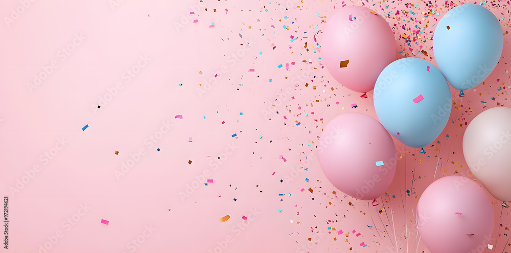 Pastel Balloons with Confetti on a Purple Background with copy space Pastel Balloons with Confetti on a Purple Background with copy space