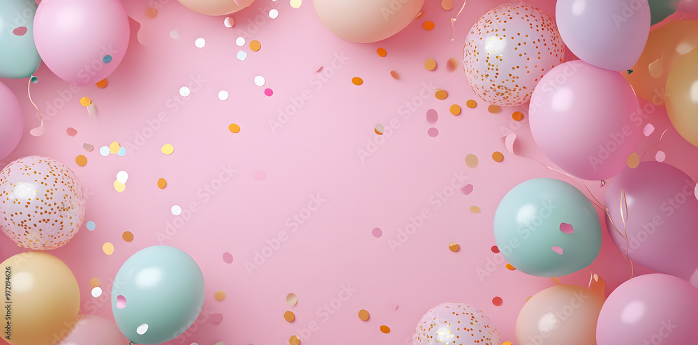 Pastel Balloons with Confetti on a Purple Background with copy space Pastel Balloons with Confetti on a Purple Background with copy space