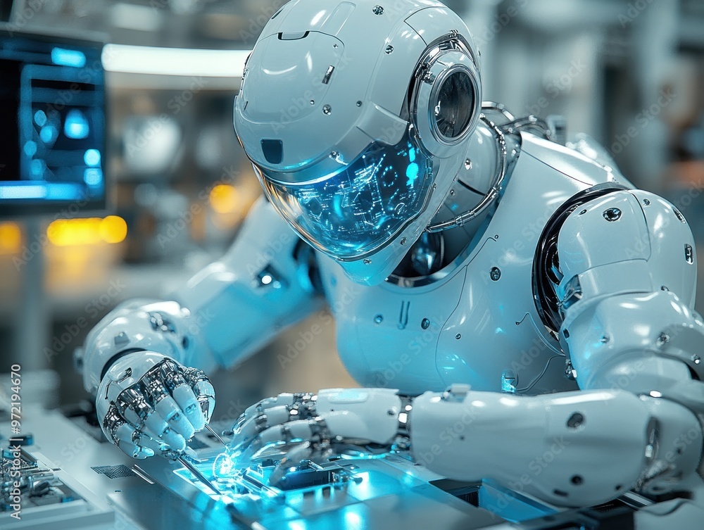 Fototapeta premium A futuristic robot assembling electronic components with precision.
