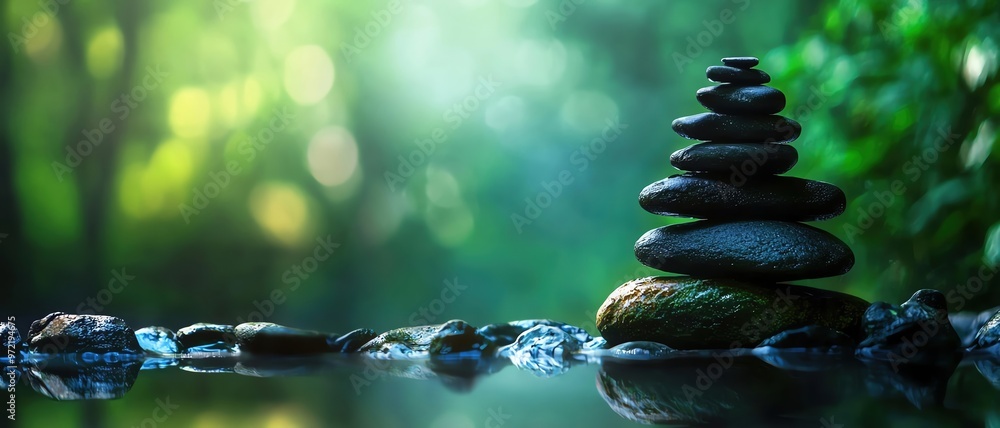 A serene stack of stones balanced on a tranquil river, surrounded by lush greenery and soft sunlight filtering through the trees. A serene stack of stones balanced on a tranquil river, surrounded by lush greenery and soft sunlight filtering through the trees.
