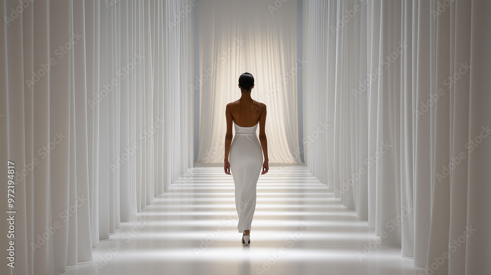 Minimalist runway setup at Paris Fashion Week with white drapery and soft lighting, model in a sleek dress walking Minimalist runway setup at Paris Fashion Week with white drapery and soft lighting, model in a sleek dress walking