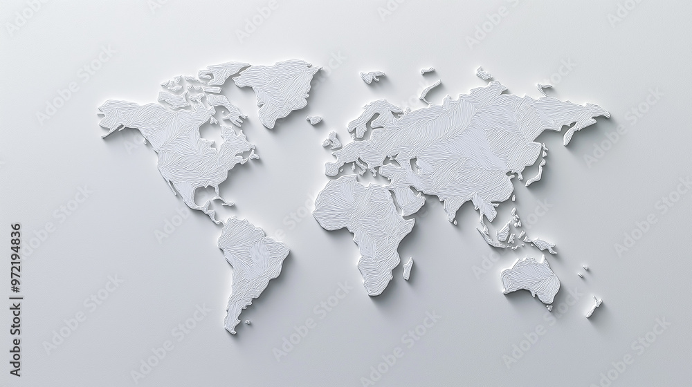 Minimalist modern world map with country borders in thin lines on a plain white background with subtle shadows Minimalist modern world map with country borders in thin lines on a plain white background with subtle shadows