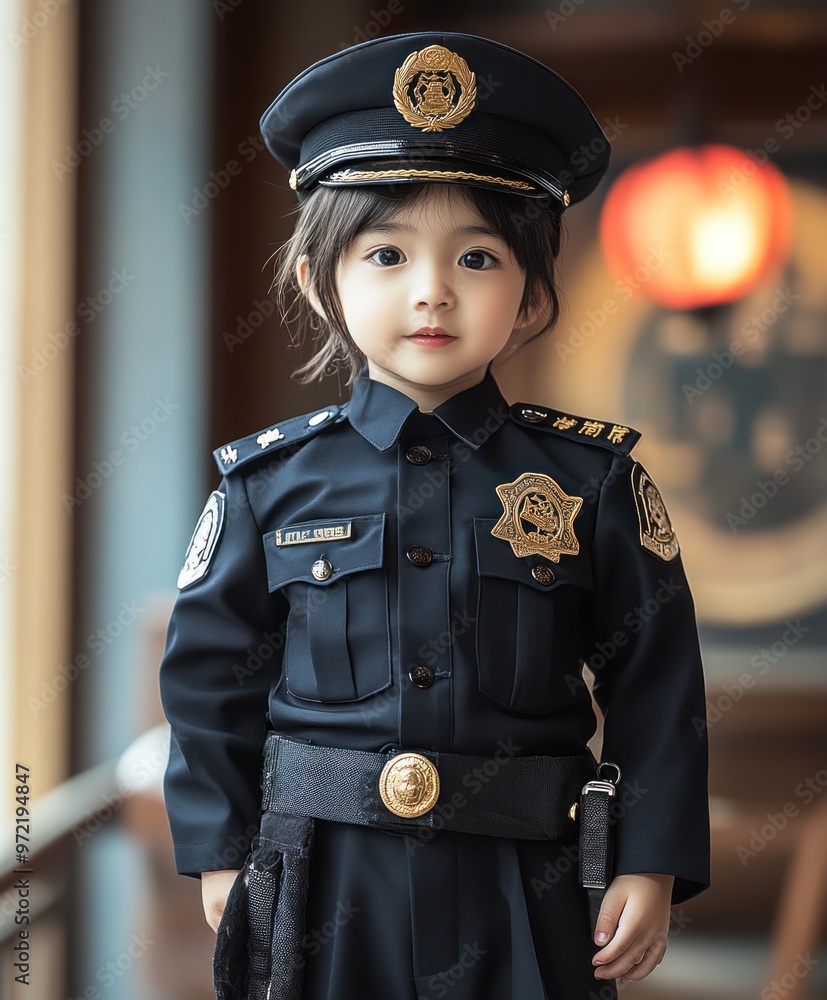 A young girl in a police uniform stands in front of a wall A young girl in a police uniform stands in front of a wall