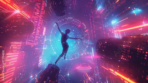 Immersive futuristic dance scene  human figure enveloped in neon lights and tech house beats photo