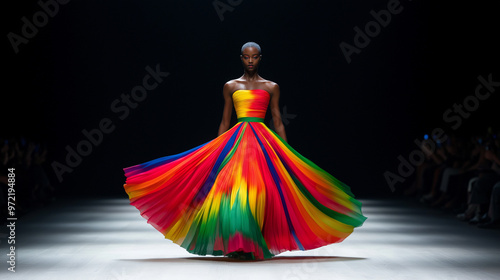 Model in a vibrant avant-garde dress walking down the runway at New York Fashion Week, cameras flashing 