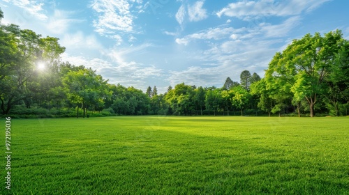 Background texture of clean and wellmaintained grass lawn with a variety of trees in the background against beautiful sky Vacant ground or empty unpowered campsite in a park Copy space