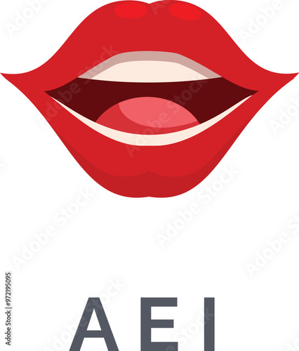 Red lips pronouncing a, e and i vowel sounds with open mouth, for speech therapy and linguistics education