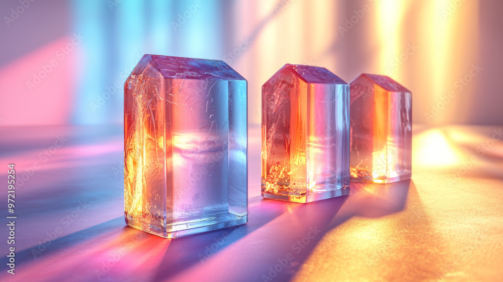 Three glass prism-like objects sit on a table, reflecting colorful light. Three glass prism-like objects sit on a table, reflecting colorful light.