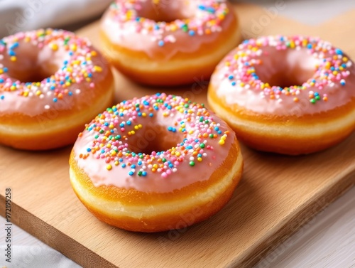 Glazed donuts with colorful sprinkles on a wooden board