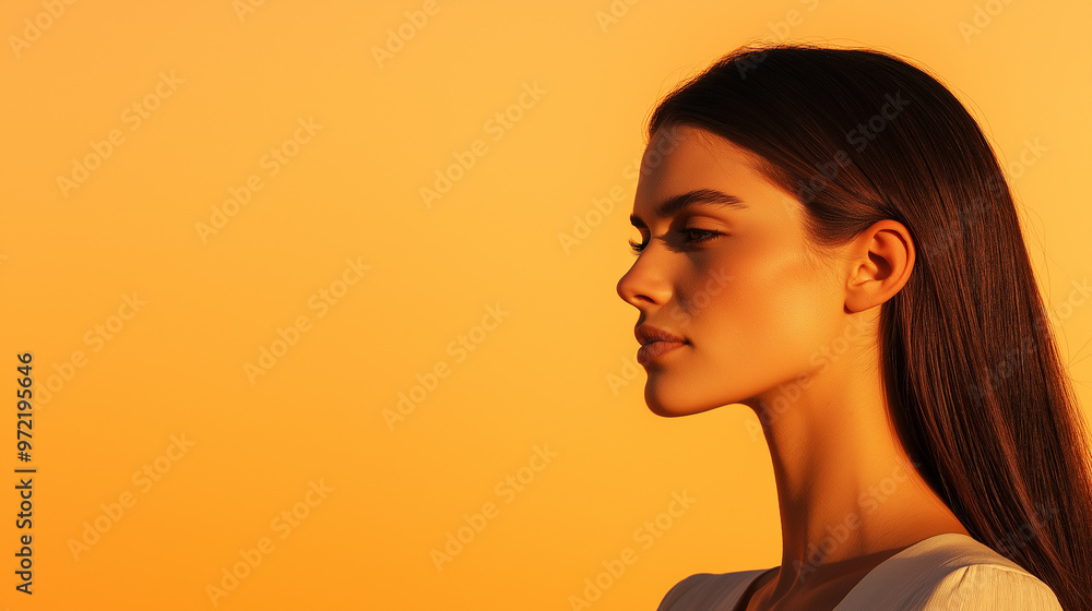 Portrait of a demure woman with long hair in a low ponytail, wearing a minimalist blouse, soft sunset glow Portrait of a demure woman with long hair in a low ponytail, wearing a minimalist blouse, soft sunset glow