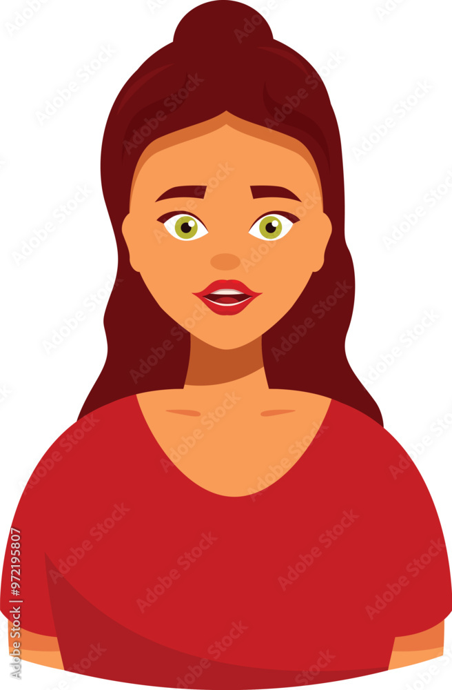 Cartoon illustration of a surprised woman with red hair in red shirt Cartoon illustration of a surprised woman with red hair in red shirt