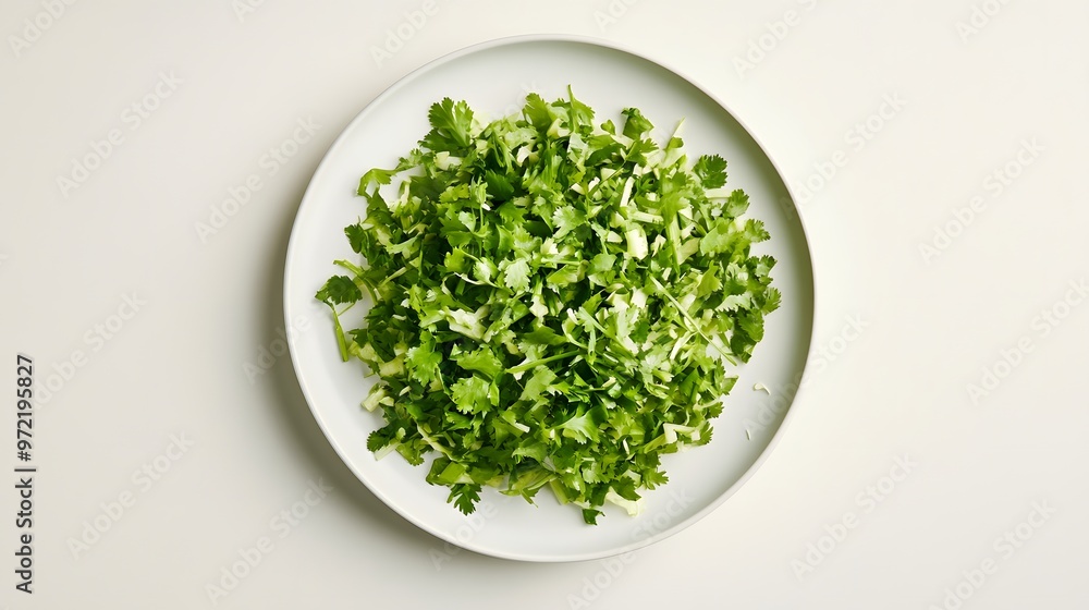 Freshly chopped cilantro on plate - vibrant culinary herb for flavorful dishes Freshly chopped cilantro on plate - vibrant culinary herb for flavorful dishes