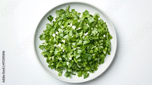 Freshly chopped cilantro leaves in a white bowl on clean surface