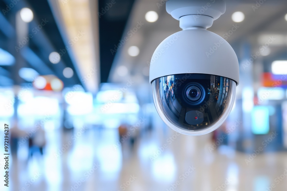A close-up of a security camera installed in a modern environment, offering surveillance and safety features in a public space. A close-up of a security camera installed in a modern environment, offering surveillance and safety features in a public space.