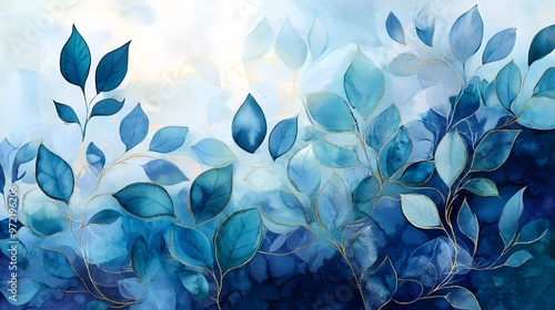 Abstract Watercolor Painting of Blue Leaves with Golden Veins photo