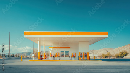 A vibrant gas station under a clear blue sky, ideal for conveying themes of travel, energy, and convenience in transportation. photo