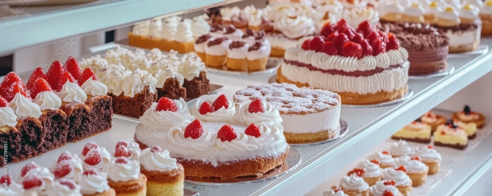 A bakery display filled with a variety of cakes, pastries, and tarts, all beautifully arranged, showcasing sweet baked indulgence. A bakery display filled with a variety of cakes, pastries, and tarts, all beautifully arranged, showcasing sweet baked indulgence.