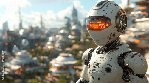 A futuristic robot overlooking a vibrant cityscape.