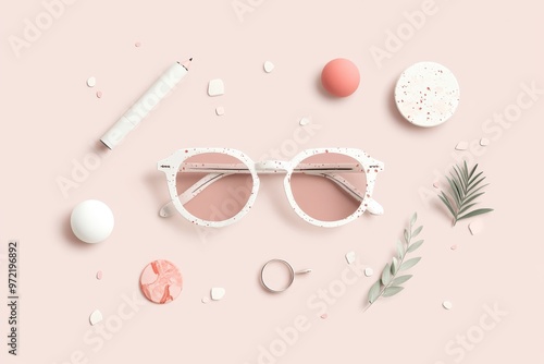 A glasses vision luxury flat design illustration Pastel colors Pink background with a bouquet of leaves