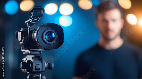 Studio camera rig with a telephoto lens aimed at an actor on a set, spotlight highlighting the subject 