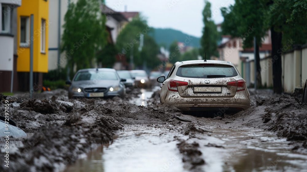 Fototapeta premium Urban landslide with mud and debris covering parked cars and streets in a residential area after heavy rain