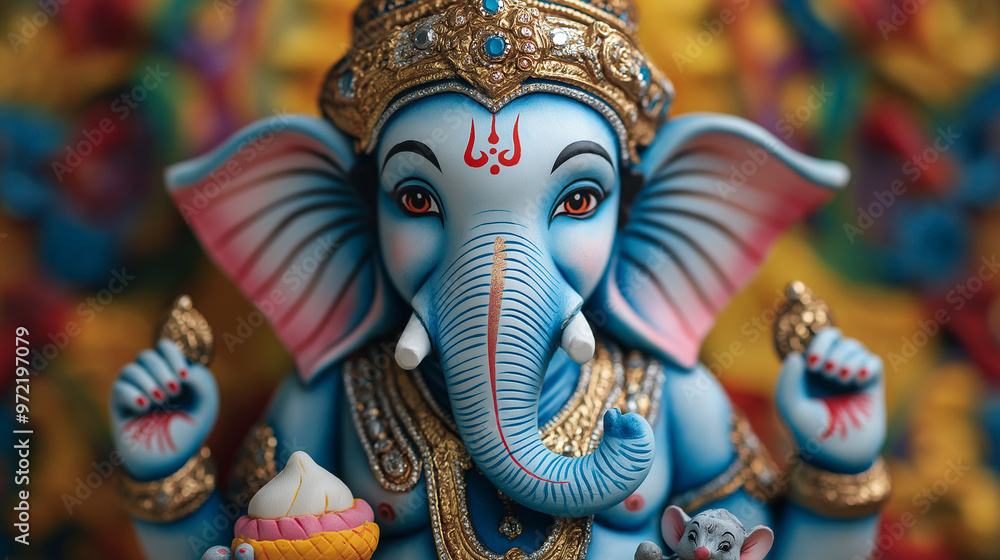Vibrant image of Lord Ganesha, the elephant-headed deity, holding a modak, with a mouse by his side and a colorful backdrop Vibrant image of Lord Ganesha, the elephant-headed deity, holding a modak, with a mouse by his side and a colorful backdrop