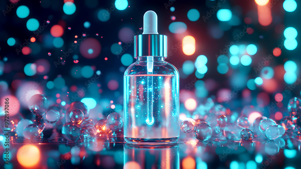 futuristic serum bottle filled with glowing hyaluronic acid bubbles and collagen drops, surrounded by holographic elements representing futuristic serum bottle filled with glowing hyaluronic acid bubbles and collagen drops, surrounded by holographic elements representing