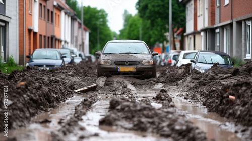 Urban landslide with mud and debris covering parked cars and streets in a residential area after heavy rain 