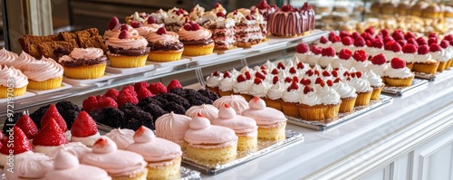 A bakery display filled with a variety of cakes, pastries, and tarts, all beautifully arranged, showcasing sweet baked indulgence.