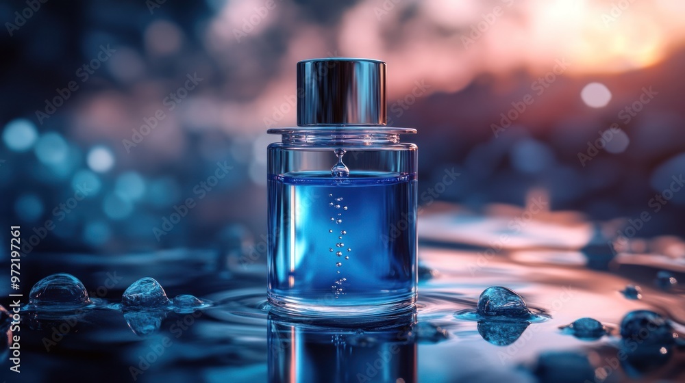 A blue perfume bottle sits on water, reflecting light and creating a serene atmosphere. A blue perfume bottle sits on water, reflecting light and creating a serene atmosphere.