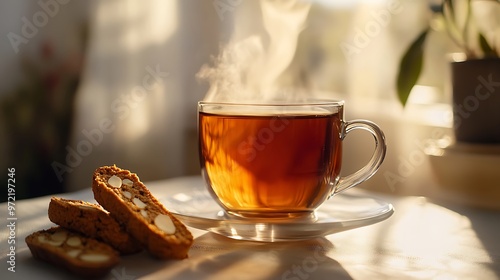 Generative AI Image of Warm Rooibos Tea with Almond Biscotti at Teatime Morning Breakfast Home House