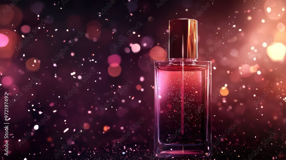 A stylish perfume bottle surrounded by a sparkling, colorful background. A stylish perfume bottle surrounded by a sparkling, colorful background.