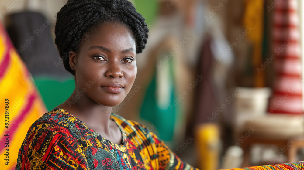 Woman weaving a Kwanzaa mat with intricate patterns, focused expression, colorful threads around her Woman weaving a Kwanzaa mat with intricate patterns, focused expression, colorful threads around her