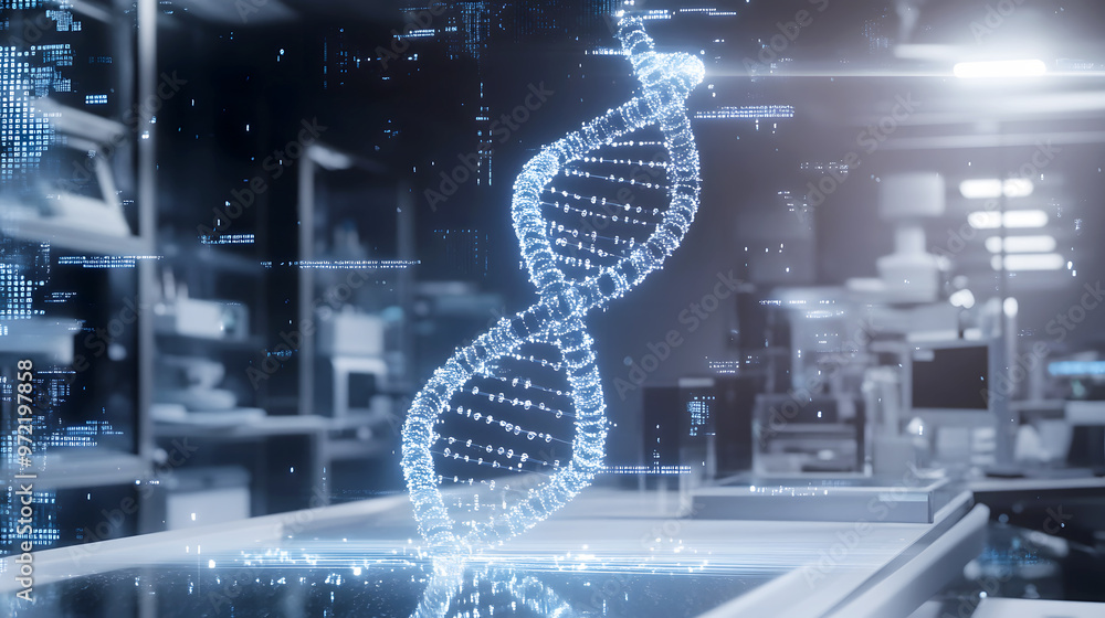 Futuristic visualization of a DNA molecule with holographic chromosome codes projected around it, set against a sleek, high-tech Futuristic visualization of a DNA molecule with holographic chromosome codes projected around it, set against a sleek, high-tech