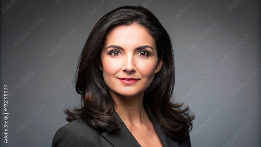With piercing dark eyes and luscious locks, this woman commands attention as she stands out against the muted With piercing dark eyes and luscious locks, this woman commands attention as she stands out against the muted