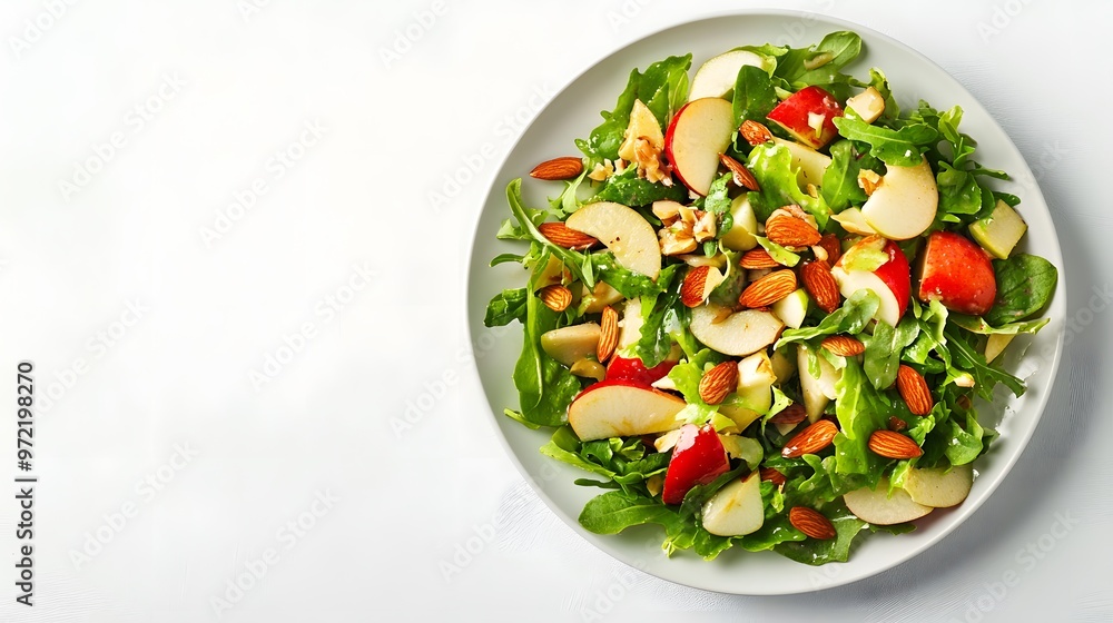 Fresh arugula and apple salad with almonds on white plate Fresh arugula and apple salad with almonds on white plate