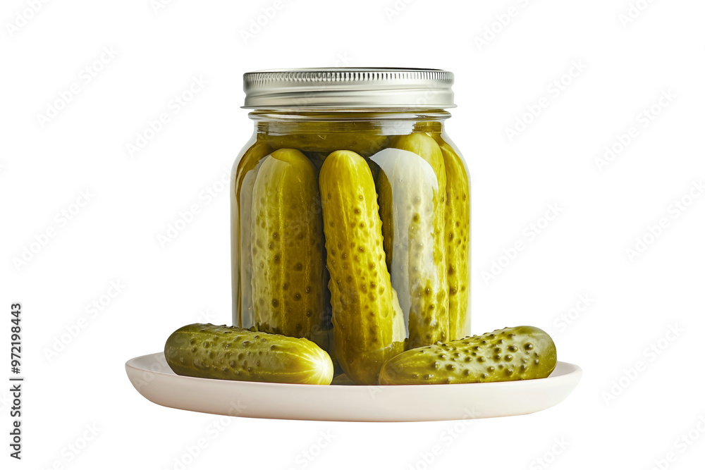 Jar of pickled cucumbers with metal lid isolated on white transparent background. Concept of preserved food and homemade pickles Jar of pickled cucumbers with metal lid isolated on white transparent background. Concept of preserved food and homemade pickles