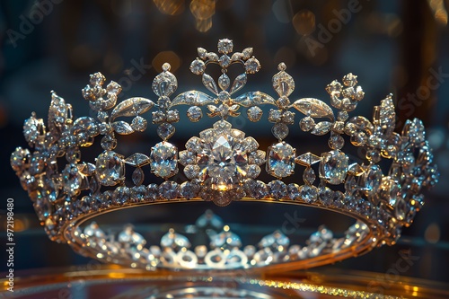 A glittering diamond crown sits on a gold base.