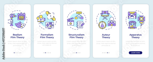 Film theories onboarding mobile app screen. Filmmaking, filming. Walkthrough 5 steps editable graphic instructions with linear concepts. UI, UX, GUI template. Montserrat SemiBold, Regular fonts used