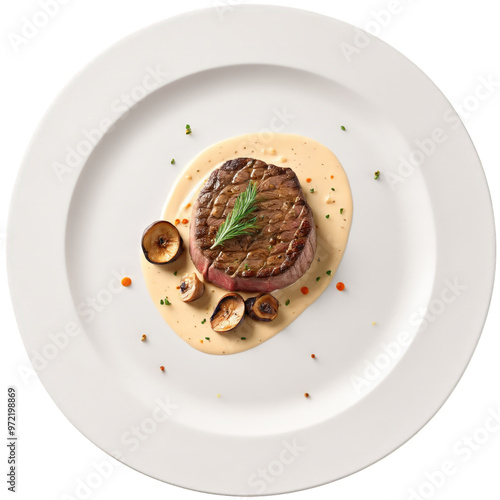 Steak diane seared beef medallion cognac flamed mushroom cream sauce in glass dish isolated on photo