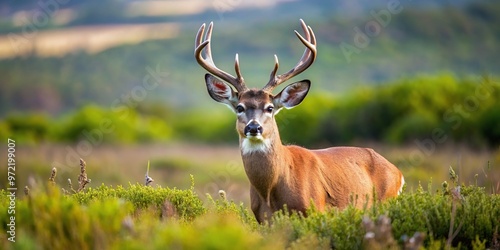 Blacktail buck grazing in lush meadow at Point Reyes National Seashore with shallow depth of field photo