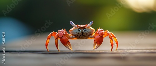 A vibrant crab perched on a wooden surface, showcasing its striking colors and unique features in a natural outdoor setting.