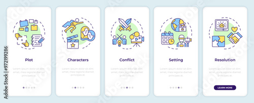 Story narrative elements onboarding mobile app screen. Walkthrough 5 steps editable graphic instructions with linear concepts. UI, UX, GUI template. Montserrat SemiBold, Regular fonts used